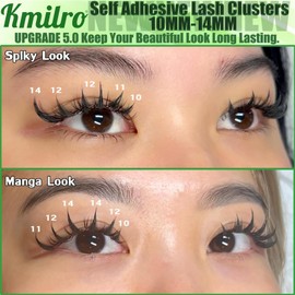 Self Adhesive Eyelashes 10-14mm Manga Self Adhesive Lash Clusters Spiky Pre Glued Lashes Anime Press on Lashes No Glue Needed Wispy Reusable DIY Cluster Eyelash Extensions Kit with Tweezers, by Kmilro