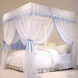 Checkered Curtain-Style Bed Mosquito Net (150cm x 200cm) Blue 2ea