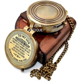 “to My Son” Engraved Solid Brass Compass with Leather Case & Chain Vintage Style Pocket Compass for Men Women | Outdoor Hiking Camping and Travel Use