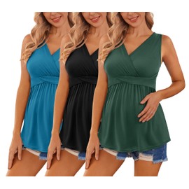 Ekouaer Nursing Tank Tops 3 Packs Sleeveless Maternity Shirts V Neck Pregnancy Clothes Lake Green/Black/Lake Blue XL