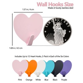 DueHoppee 12 Pack Self-Adhesive Hooks for Wall, Multi-Color & Multi-Shapes, Stainless Steel Key Hangers, Decorative Hook for Hanging Hats, Bags, Towels (Heart Shaped)