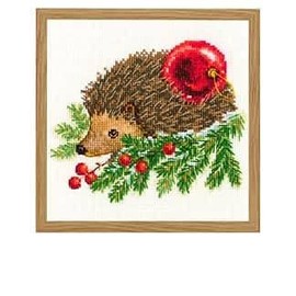 RTO C269 Hedgehog and Christmas Tree Cross Stitch Kit, Cotton, Multi-Colour, 15.5 x 13 cm