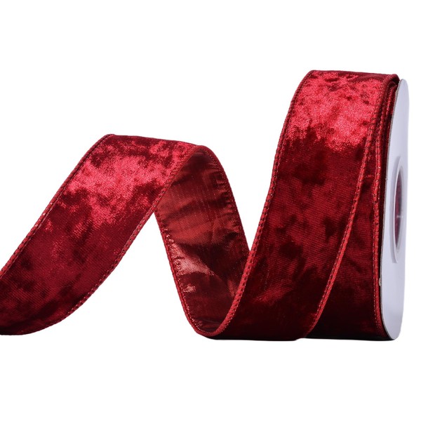 Ribest Red Velvet Wired Ribbon 1 1/2 Inch with Red