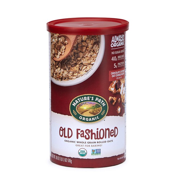 Nature’s Path Organic Old Fashioned Whole Grain Rolled Oats, 18 Ounce Canister (Pack of 6), Non-GMO, 40g Whole Grains, 5g Plant Based Protein, Great for Overnight Oats