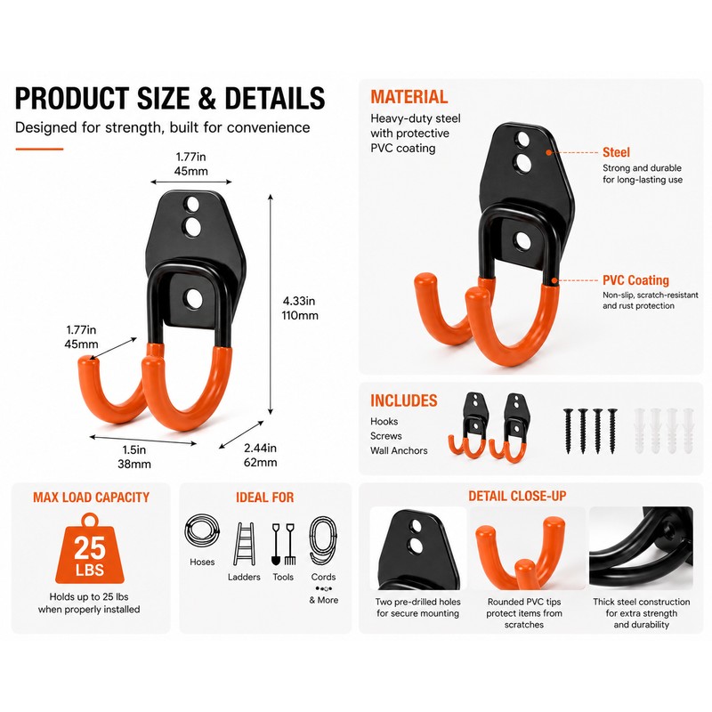 Heavy Duty Wall Mounted Storage Hook for Garage and Home