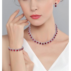 EVER FAITH Silver-Tone Round Cut Cubic Zirconia Tennis Necklace Bracelet Earrings Set Red Garnet Color