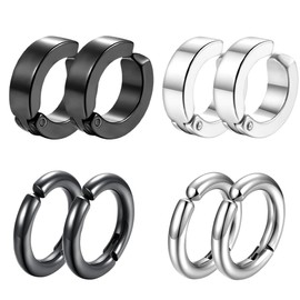 4 Pairs of Piercing Clip Earrings for Men Women, Stainless Steel Earrings Men, Non Piercing Earrings Set, Black Silver Tone, Hoop Earrings Stainless Steel without Hole, Fake Stud Earrings, Ear Clips,