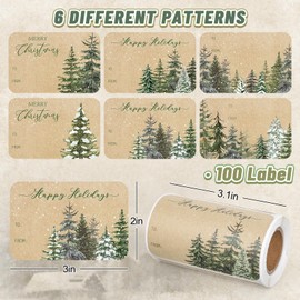 JarThenaAMCS 100Pcs Merry Christmas Kraft Gift Tag Stickers Watercolor Pine Tree Forest Blank Self-Adhesive Name Label Decals for Xmas Winter Holiday Present, 3 x 2 Inch