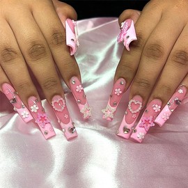 RUPOFUZA Long Press on Nails Square Fake Nails Pink French Tip nails False Nails with Pearl Bow Stars Diamond Press ons Designs Acrylic Nails Press on Artificial Nails Stick on Nails for Women 24Pcs