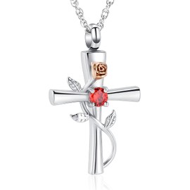 Cross Urn Necklace for Ashes Birthstone Rose Flower Cremation Jewelry for Women Gilrs Keepsake Memorial Ashes Pendant