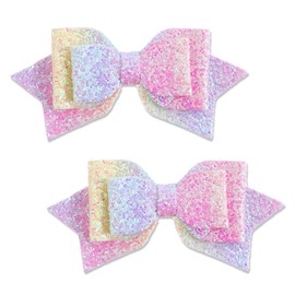 Qianyu 2 Pcs Multicolor Rainbow Hair Bow Clips Sparkly Sequin Hair Barrettes Cute Glitter Alligator Clips Wedding Attire Hairpins for Teens Handmade Bow Tie Accessories for Women Girls