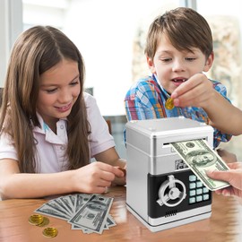Setibre Piggy Bank, Electronic ATM Password Cash Coin Can Auto Scroll Paper Money Saving Box Toy Gift for Kids (Silvery)
