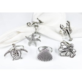 Fennco Styles Coastal Sea Creatures Metal Napkin Rings, Set of 6 - Silver Nautical Sea Life Napkin Holders for Home Décor, Dining Table, Banquets, Family Gathering and Special Occasions