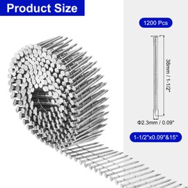uxcell 1200 Count Siding Nails 1-1/2"x0.09" 15-Degree 304 Stainless Steel Ring Shank Full Round Head Collated Wire Coil for Lath and Sheathing Materials