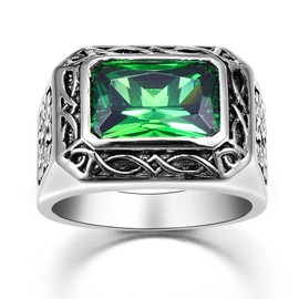 Yaresul Emerald Rings for Men Stainless Steel Mens Signet Ring Celtic Gemstone Mens Pinky Ring Vintage Wedding Band Gift for Husband, Father, Grandpa Size 8