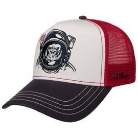 CapUniverse Trucker Cap with Monkey - Multicoloured Cap with Mesh Insert - Modern Design - Unisex - Cap for All Seasons, Red-Dark Blue
