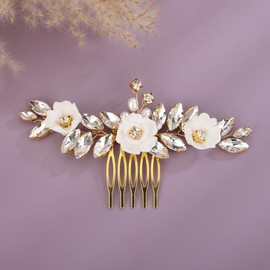 Teyglen Floral Flower Hair Comb Bridal Crystal Hair Side Comb with Pearl Wedding Hair Accessories Gold Silver Rhinestone Hair Piece Small Flower Headpiece for Women Girls (Gold)
