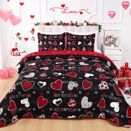 Likiyol 3 Piece Valentines Day Quilts Queen Size, Heart Reversible Bedding Set, Buffalo Plaid Bedspread Coverlet with 2 Pillow Shams, Microfiber Comforter Set for Valentines Decorations(90'' x 90'')