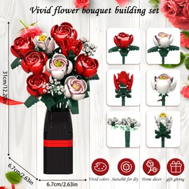 Panigkids Roses Flower Bouquet Building Kit, Artificial Roses Flower Bouquet Building Set with Vase, DIY Artificial Flower Bouquet Set for Home Office Decoratin, Valentine Christmas