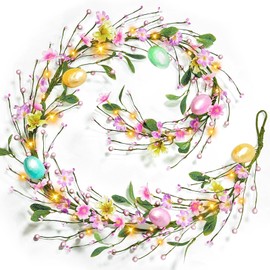 6 Ft Lighted Easter Garland Easter Decorations, Easter Egg Garland with 20 LED Lights Timer Flowers Berried Green Leaves Artificial Spring Garlands Battery Operated for Home Table Mantle Holiday Decor