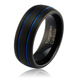 Engravable Black Dome Band Blue Double Groove Men's Tungsten Wedding Rings Size 6-16 (tungsten, 15.5)