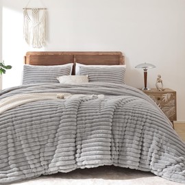 Smoofy Fluffy Queen Comforter Set 3 Pieces - Lightgrey Fleece Fluffy Comforter Queen Set, Luxury Fuzzy Queen Bed Set, Soft &Warm Bed Comforter Queen All Season, Heavy Queen Bedding with 2 Pillow Cases