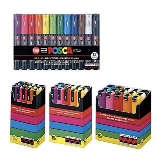Uni-posca Paint Marker Pen BUNDLE SET , Mitsubishi Pencil Uni Posca Poster Colour Marking Pens Extra Fine Point 12 Colours , Fine 15 , Medium 15 , Bold 15 - Japan Import