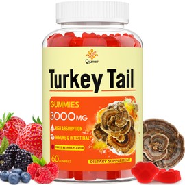 Qazwer Turkey Tail Mushroom, Turkey Tail (100% Fruiting Body, 40% Beta Glucans) add Black Pepper, Mushroom Gummies for Gut, Energy, Brain & Immune Support, Mixed Berries Flavor | Vegan, Non-GMO, 60ct