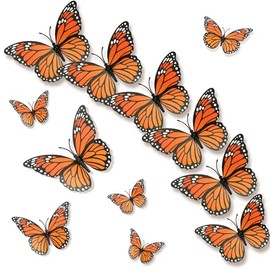 Monarch Butterfly Decorations, 3D Halloween Butterfly Wall Decor 12 Pcs Orange Fake Monarch Butterflies Realistic Artificial Butterflies Wall Decal for Day of The Dead Halloween Party Decorations