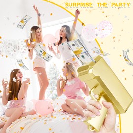Gold Money Gun Shooter and 201 PCS Props (No Real Function) and 5 Style Stickers and 4 AA Batteries, Money Gun That Shoot Money, Make It Rain Money Thrower Gun Handheld Fake Gun Toy Party Supplies