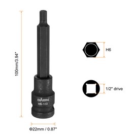 HARFINGTON 5pcs H6 Hex Bit Socket 100mm/3.94" Length 1/2" Square Drive Metric Extension Impact Bit Power Nut Driver Set S2 Steel Socket Ratchet Wrench Bits, Black