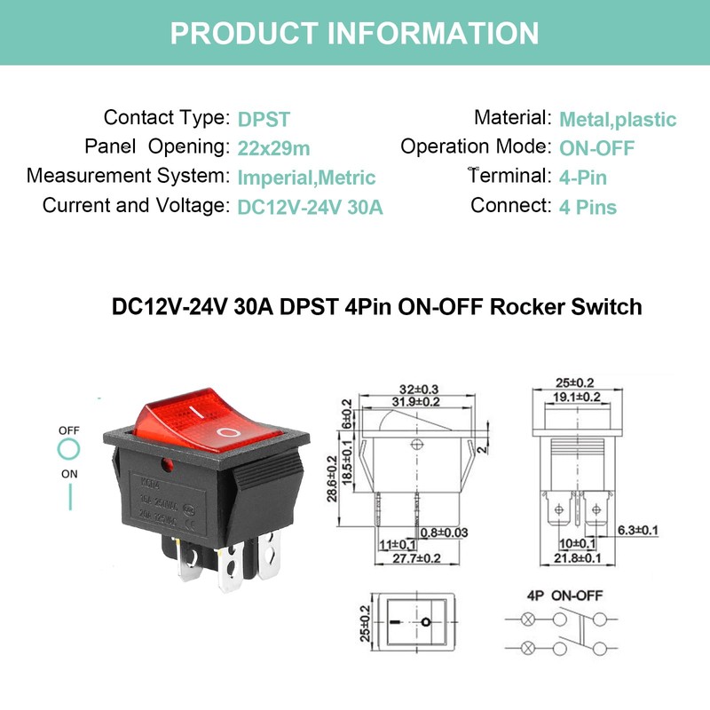 QTEATAK KCD4 2Pcs DC 12V-24V 30A DPST 4-Pin 2 Position