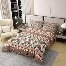 Western 100% Cotton Duvet Cover 135 x 200 cm, Aztec Bed Linen Set, Exotic Bohemian Native Indian Tribal Comforter Cover, Vintage Geometric Triangle Boho Bed Sets with 1 Pillowcase, Beige Brown