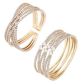 NEWITIN 2 Pieces Rhinestone Cuff Bracelet for Women Crystal Multilayer Bridal Bracelet Silver Adjustable Bangle Sparkling Rhinestone Open Bracelets for Women Costume Jewelry Dance Party Wedding