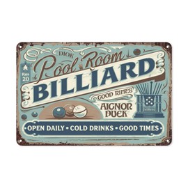 Billiard Room Pool Room Vintage Tin Sign, 8X12 Inch Retro Metal Wall Decor for Game Room or Bar, Classic Billiard Theme Wall Art with Rustic Aesthetic