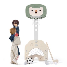 AKUSTIK 3 in 1 Toddlers Basketball Hoop Stand, Adjustable Height Sports Center with Basketball Soccer Golf Game Set, Portable Indoor Outdoor Activity Playset Gift for Kids 1-3 (Green)