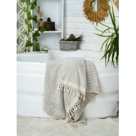 Striped Hand and Bath Towels for Bathroom | Oversized - 17" X 35" | Set of 2 Hand Towels | Organic Turkish Cotton | Large Soft Plush Fluffy Absorbent Ribbed Bath Towels (Bath Towel 35"x70", Gray)