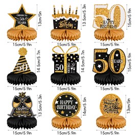 9pcs 50th Birthday Decorations 1973 Table Honeycomb Centerpiece Decoration Supplies 50th Birthday Party 50th Birthday Party Decorations - Black Gold Birthday Centerpieces for Men Women Happy Cheers