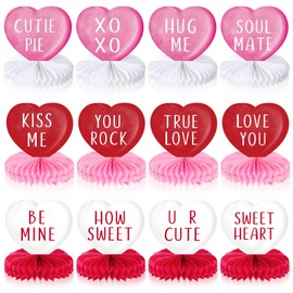 Faccito 12 Pcs Valentine's Day Honeycomb Centerpieces Valentines Decorations 3D Heart Conversation Paper Valentine Table Toppers for Valentine's Day Wedding Anniversary Party Supplies (Pink Red White)