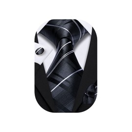 Barry.Wang Man Tie Sets Stripe Silk Necktie Pocket Square Cuff Links Business Wedding (Black White Check)