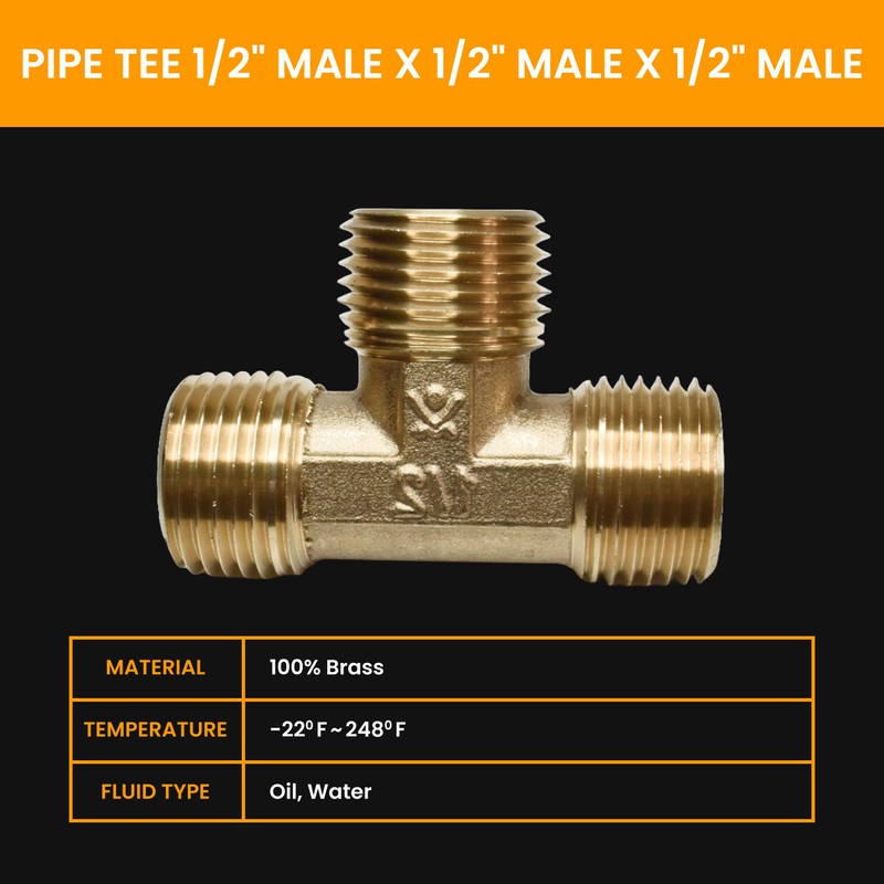 Brass Pipe tee 1/2" male x 1/2" male x 1/2"