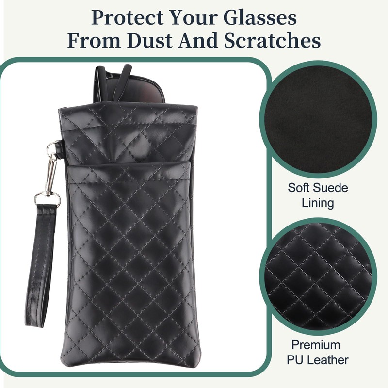 RayLove Double Eyeglasses Pouch with Carrying Strap PU Leather Soft