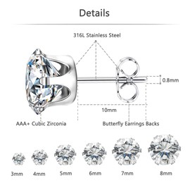 KALVICA 6 Pairs Silver Stud Earrings for Women Men Girls Small Cubic Zirconia Stud Earrings Simulated Diamond Earrings Set for Multiple Piercings Hypoallergenic Cartilage Studs 3-8MM