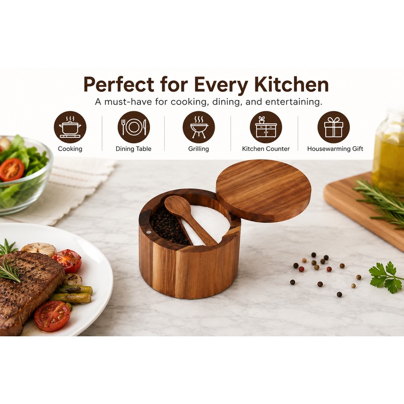 Acacia Wood Salt and Pepper Cellar with Spoon - 360°