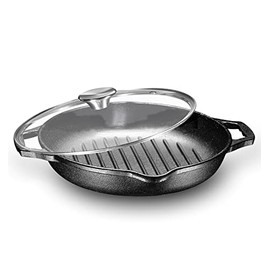 Pre-seasoned Deep Round Grill Cast Iron Griddle Pan with Glass Lid 10 Inch Non-Stick Round Frying Pan Cast Iron Skillet with Double Loop Handles + Lid Safe for Oven, Induction, and all Cooking tops