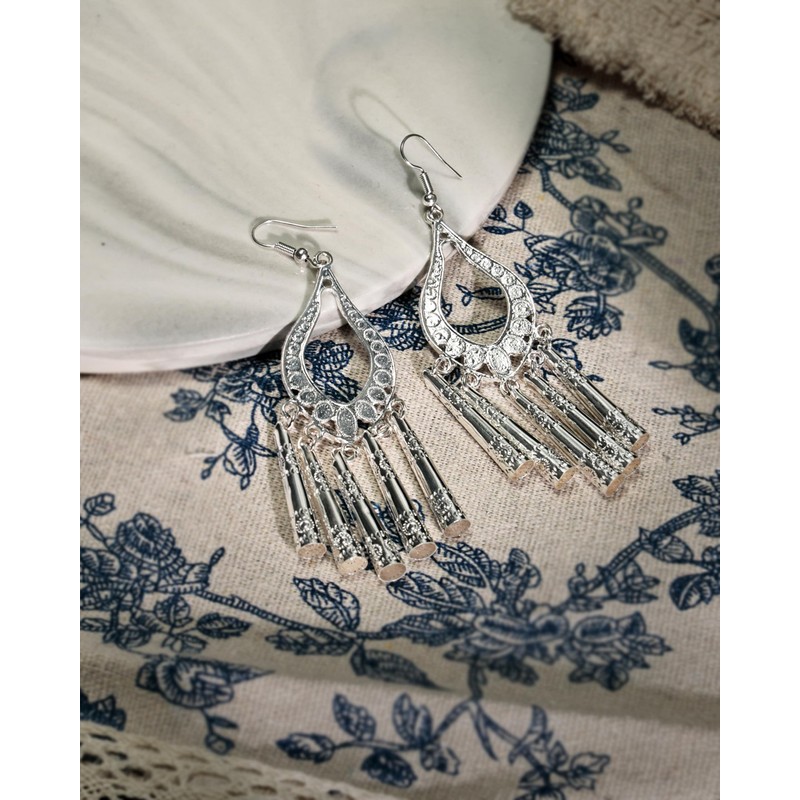 Teppdfann Silver Boho Chandelier Earrings Intricate Bohemian Earrings with Filigree