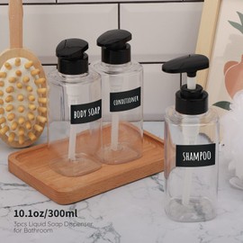 Segbeauty Soap Dispenser, 3 Pieces 300 ml Shampoo Bottles, Pump Dispenser, Plastic Refillable, Shower Gel Dispenser with Labels, Soap Dispenser Set for Kitchen and Bathroom, Transparent