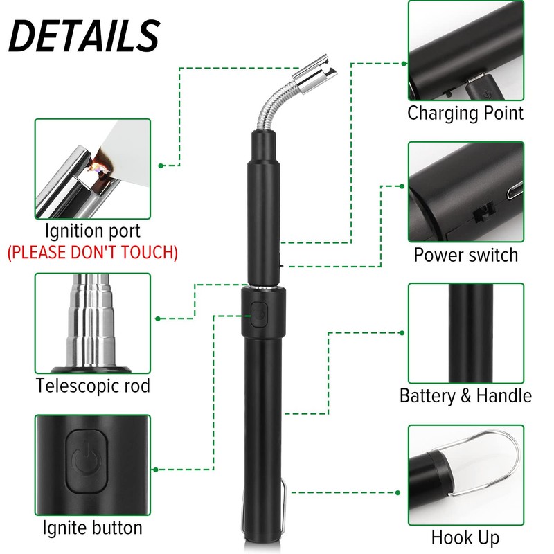 Flahonka Electric Arc Long Lighter, Retractable Rechargeable Lighter, 11.4-27.5in, Black