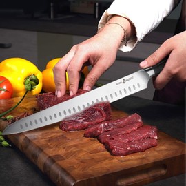 TUO Slicing Knife - 12 inch Long Carving Knife Granton Edge Professional Slicer Meat Knife Brisket Knife, Forged German Stainless Super Steel, Pakkawood Handle Gift Box, Fiery Phoenix Series - Black