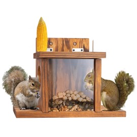 MIXUMON Wood Squirrel Feeder, Squirrel Feeders for Outside Winter, Wooden Chipmunk Feeder for Corn, Peanuts, Durable Box Easy to Fill with Removable Front Panel (Style 1)